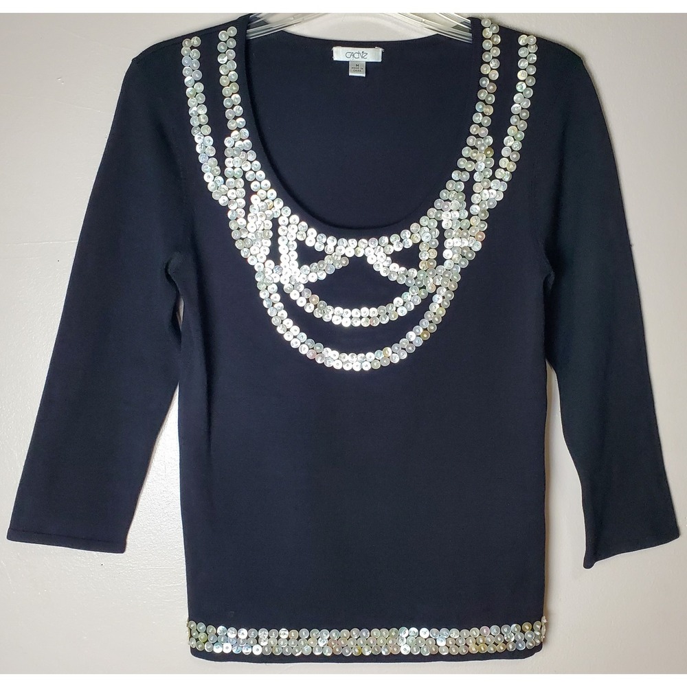 Cache‎ Vintage Y2K 90's Silk Knit Top Blouse Mother Of Pearl Sequin Medium Black